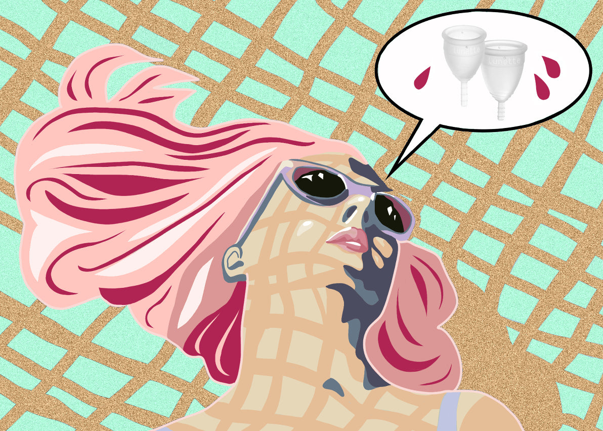 Sunbathing woman with speech bubble illustrating light and heavy flow period cups.