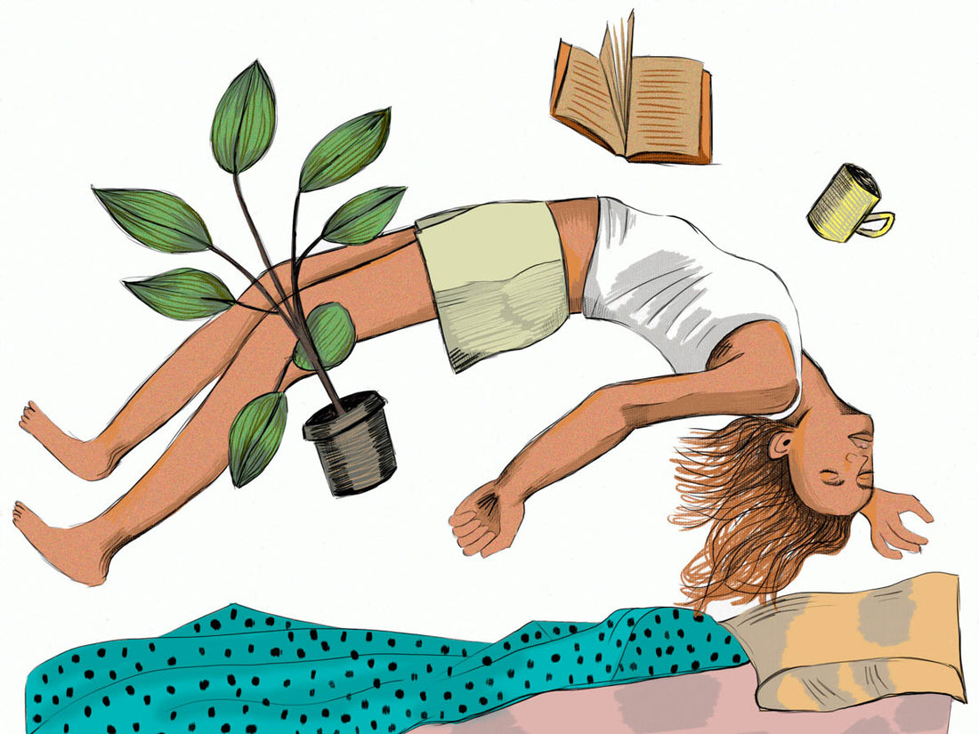 Illustration of a woman falling backwards into bed, with books and plants falling too.