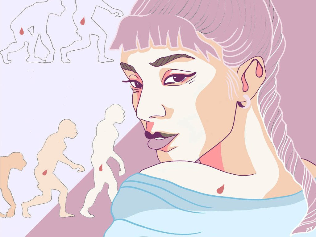 The ascent of man illustration with a woman looking over her shoulder in the foreground.